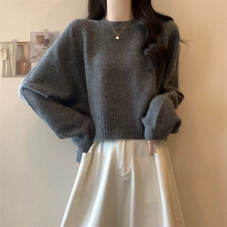圆领软糯毛衣女秋冬2026新款慵懒宽松显瘦套头长袖短款针织衫上衣