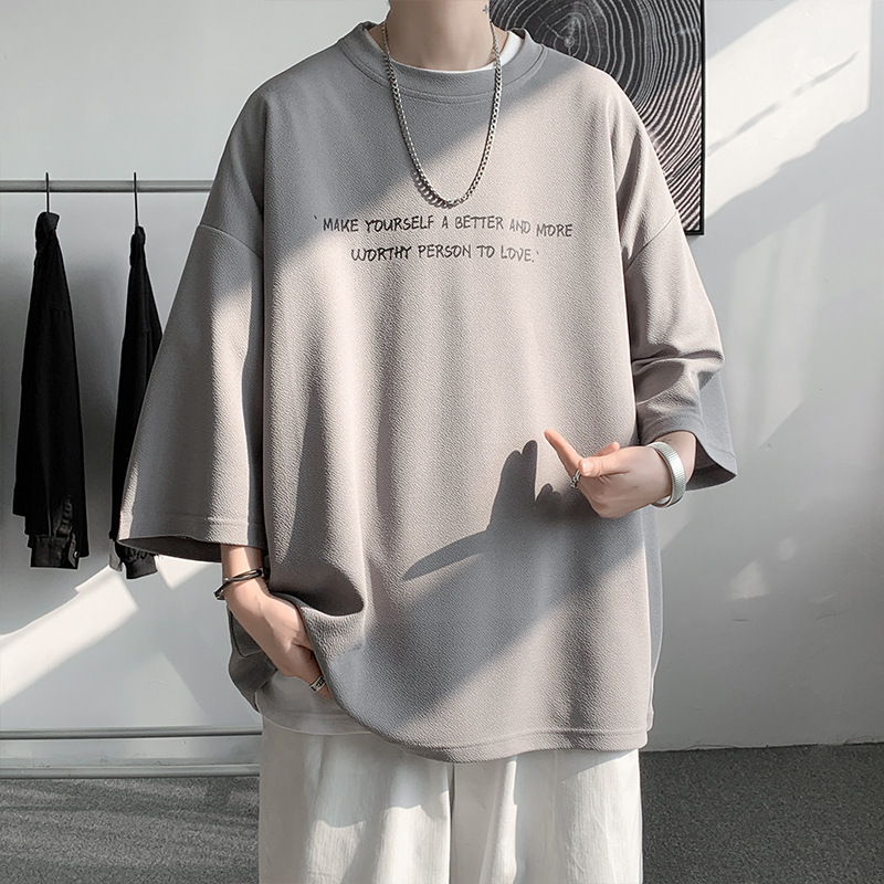Ice Silk three-quarter sleeve T-shirt men's oversize high-grade short sleeve loose ins trendy plus size draping five-quarter sleeve clothes