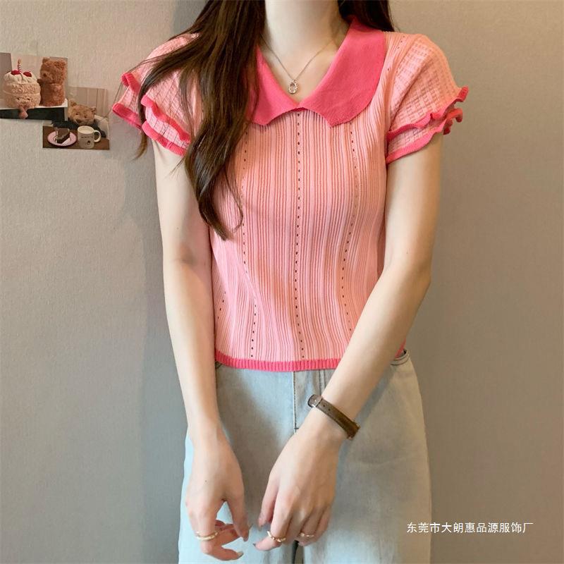 Summer Thin Design Niche Short Korean Style Right Shoulder Doll Collar Ice Silk Knitwear Short-Sleeved T-Shirt Women's Top Summer Thin Design Niche Short Korean Style Right Shoulder Doll Collar Ice Silk Knitwear Short-Sleeved T-Shirt Women's Top