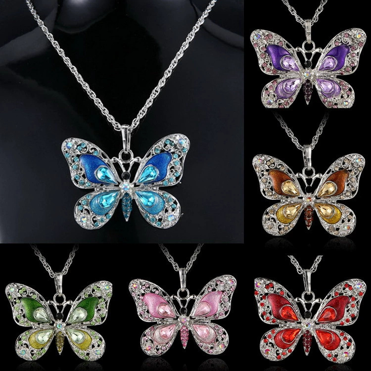 Vintage European and American Style Multi-Color Butterfly Pendant Necklace with Rhinestones, Fashionable and Versatile Light Luxury Elegant Accessory