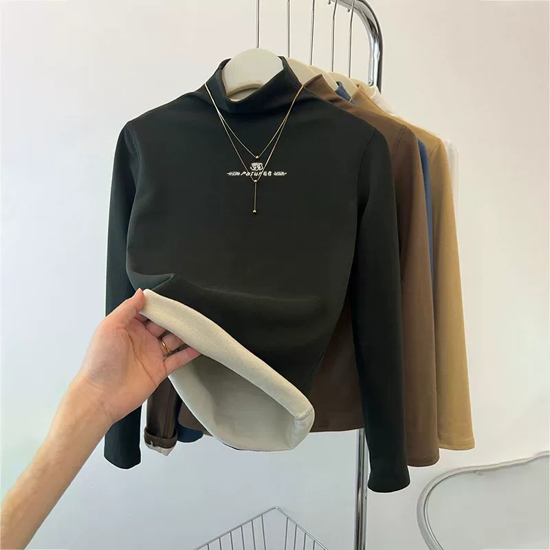 Трансграничный полувысокий воротник нижняя рубашка женская 2024 новая плюшевая тонкая тонкая рубашка с длинными рукавами
