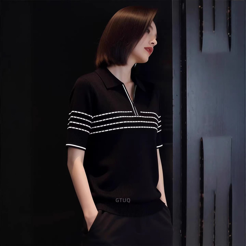 2026 Spring New Pure Black Striped Short-Sleeve Knit Sweater for Women with a Stylish Design, Suitable for Commuting and Casual Wear 2026 Spring New Pure Black Striped Short-Sleeve Knit Sweater for Women with a Stylish Design, Suitable for Commuting and Casual Wear