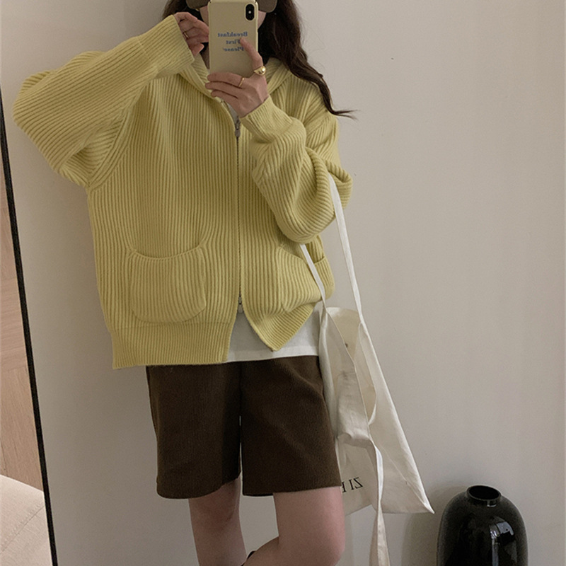 欧洲站纯色连帽拉链毛衣外套女秋冬新款宽松慵懒风软糯厚针织开衫|undefined