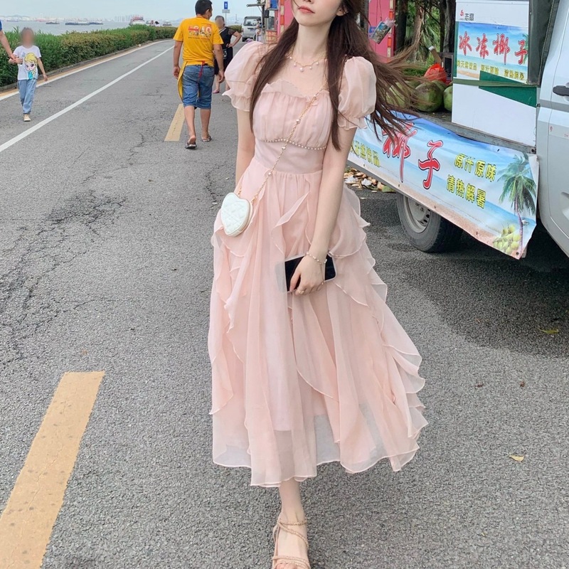法式方领甜美温柔仙女风连衣裙女夏季新款女装收腰显瘦中长款裙子|undefined
