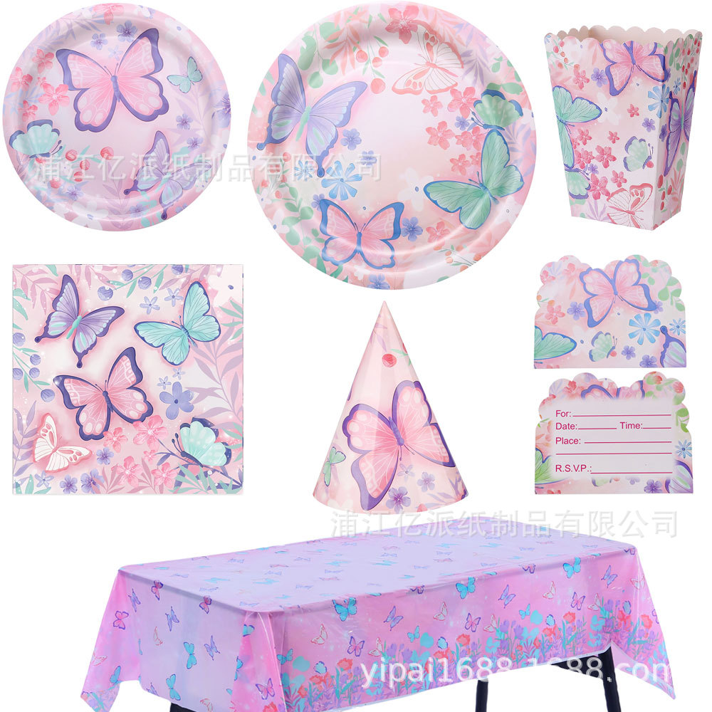 Nuevo juego de vajilla de fiesta con tema de mariposa de verano, bandeja de papel desechable, toallas de papel, cuchillo, tenedor, cuchara, suministros de decoración de fiesta