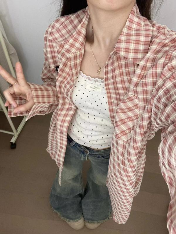 森系橘色格纹衬衫女叠穿年轻ins宽松遮肉显瘦长袖衬衣外搭开衫潮|undefined