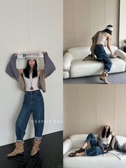89019秋季新款韩版胖MM高弹高腰牛仔哈伦裤百搭休闲时尚老爹裤