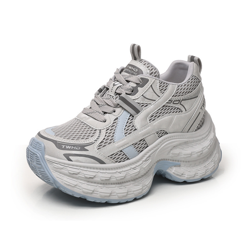 Giày sneaker nữ chunky đế dày lưới thoáng khí tăng chiều cao — màu be