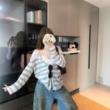 原版面料韩系休闲宽松防晒开衫条纹长袖T恤女夏遮肉显瘦罩衫上衣