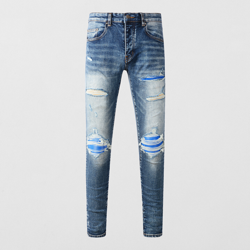 European and American Street Fashion Men's Jeans Vintage Antique Washed Blue Leather Hip-Hop Tight Stretch Leggings