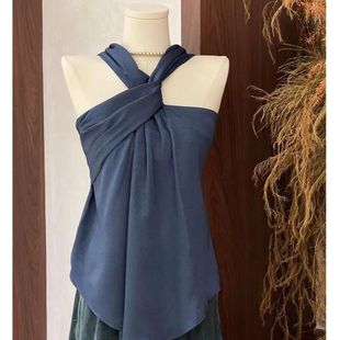 High-end Unique and Unique Niche Design French Blue Halter Top Women's Socialite Style Elegant Vest