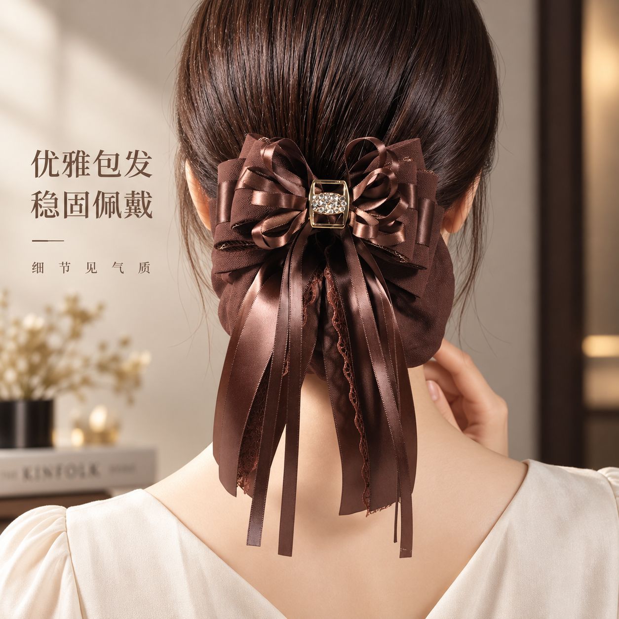 Elegant hair clip with a large bow, suitable for creating a bun hairstyle at the back of the head, featuring a net and ribbon, perfect for professional and everyday wear