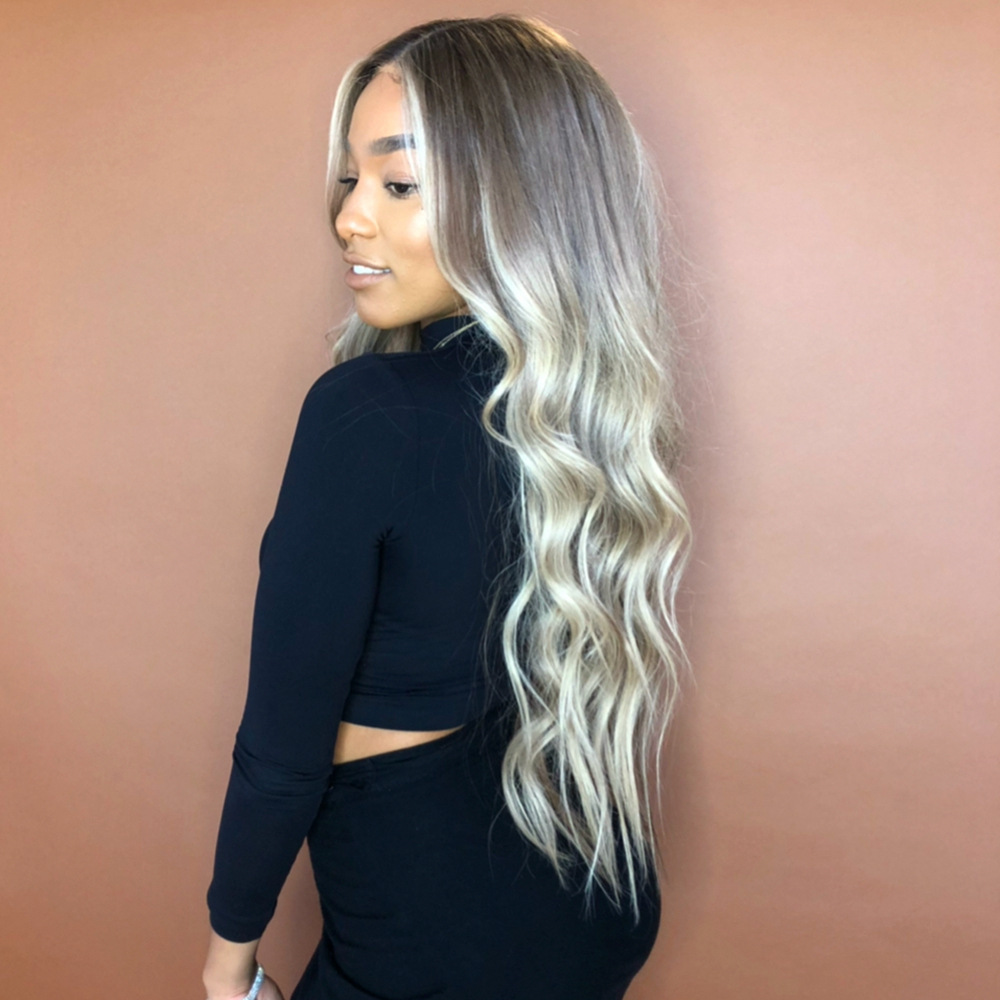 black golden curly wig with hair parting