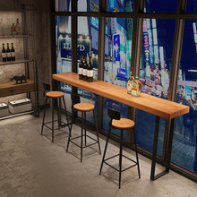 现代简约实木吧桌椅组合 酒馆面包店长条吧台桌 咖啡厅靠墙高脚桌