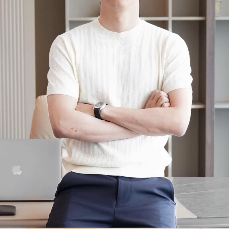 Summer New Style Old Money Style Short-Sleeve Men's Trendy Slim-Fit Korean Fashion Versatile Round-Neck Knit T-Shirt Base Layer