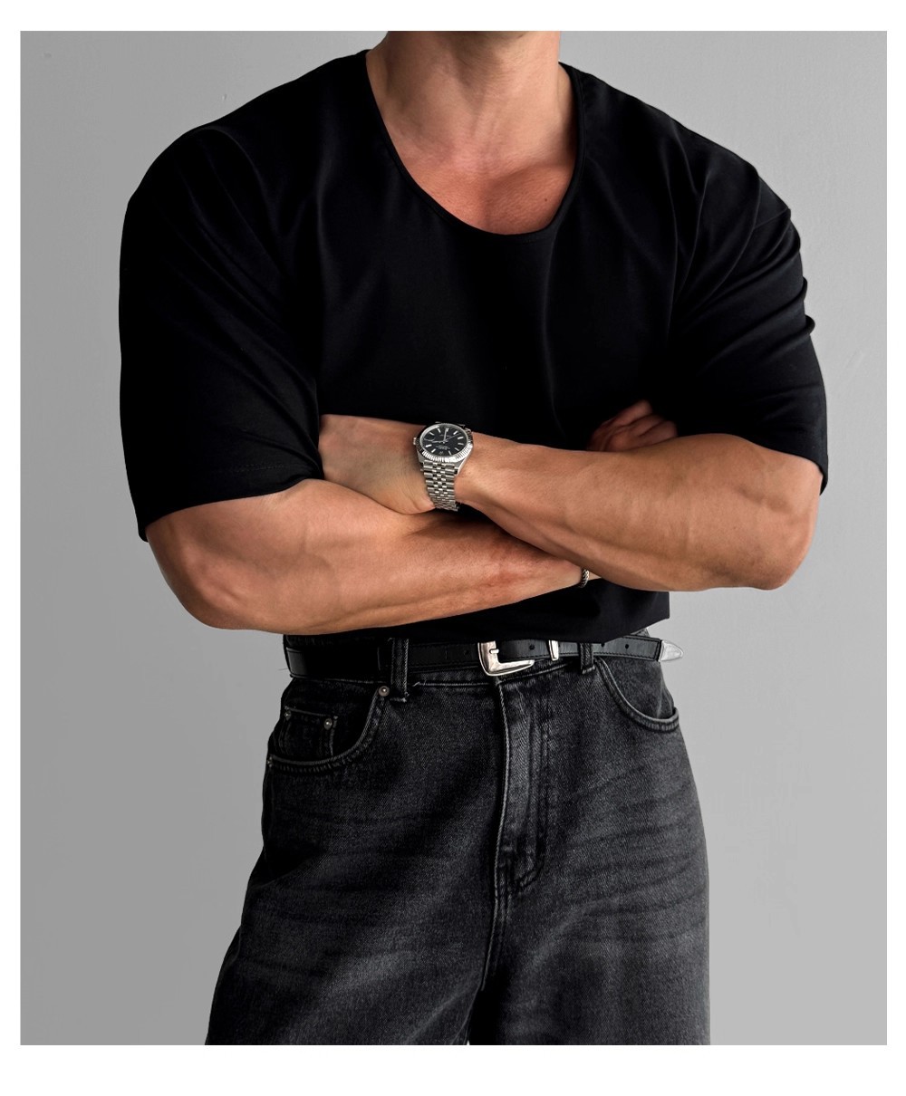 Silky Stretch Men's U-Neck T-Shirt - Lightweight Breathable Short Sleeve Top For Summer Comfort & Active Wear_viptrois.com