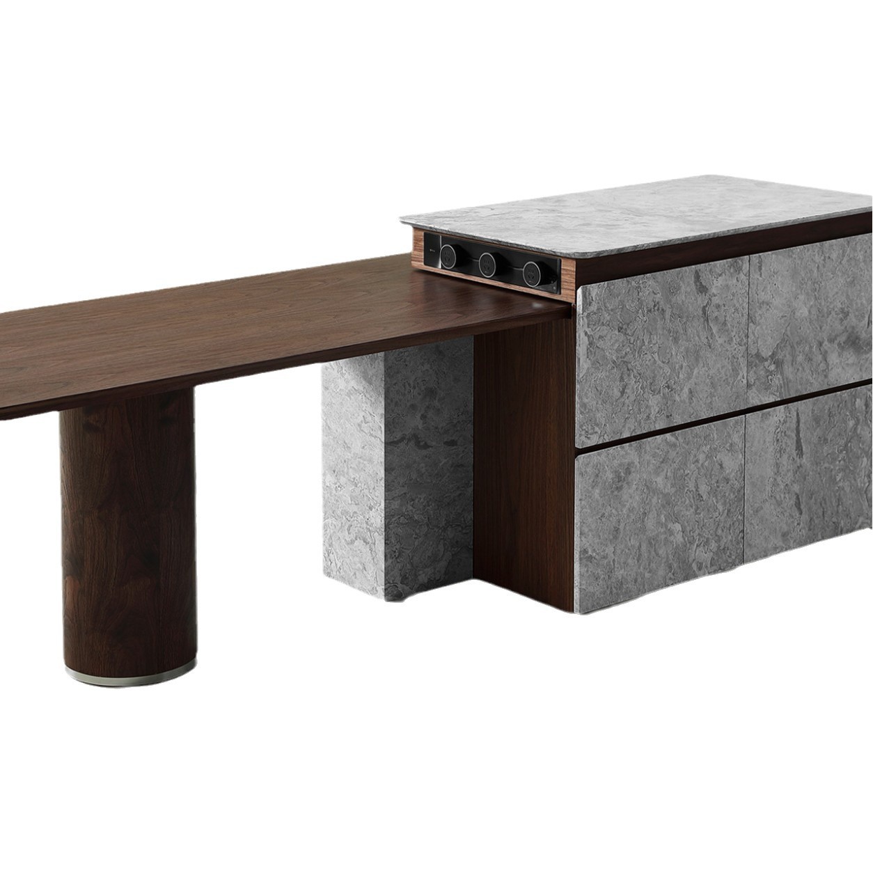 Mesa de comedor de un solo cuerpo de la plataforma de la isla, madera maciza de nogal negro, retráctil y estirado, mesa de guía medieval multifuncional de la isla, mesa de comedor