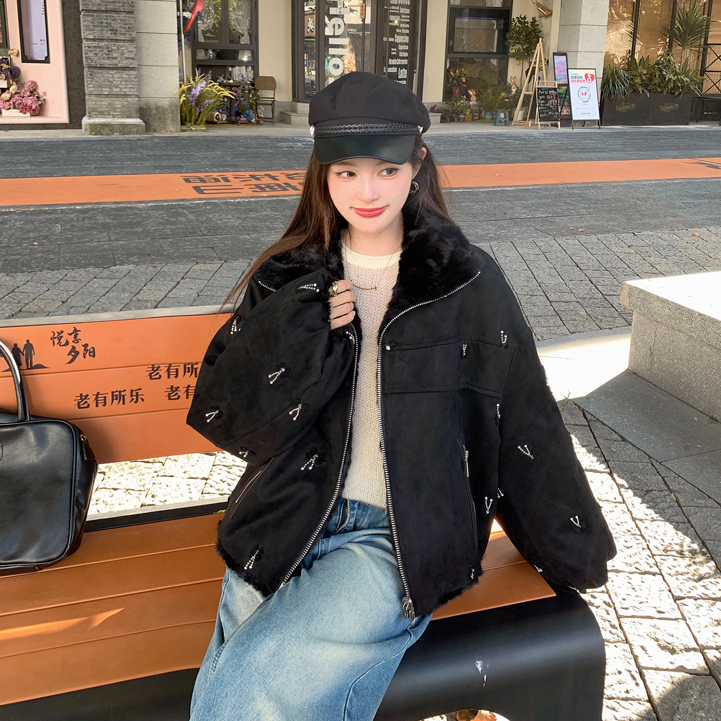 Heavy Beaded Embroidery Reversible Stand Collar Parka Fur Integrated Suede Jacket Faux Fur Coat for Women Winter