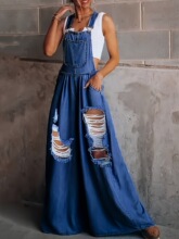 N 38971 Casual Solid Color Distressed Denim Overalls ��ɫ��