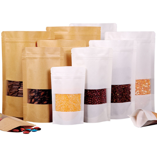 Windowed kraft paper bags for nuts, food, and tea packaging; self-sealing kraft paper bags; airtight dry fruit bags—wholesale available