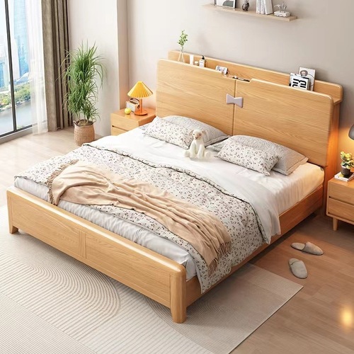 Nordic Beech Wood Full Solid Wood Bed Modern Minimalist 1.8-meter Master Bedroom Double Bed 1.5-meter Solid Wood Single Bed with Storage