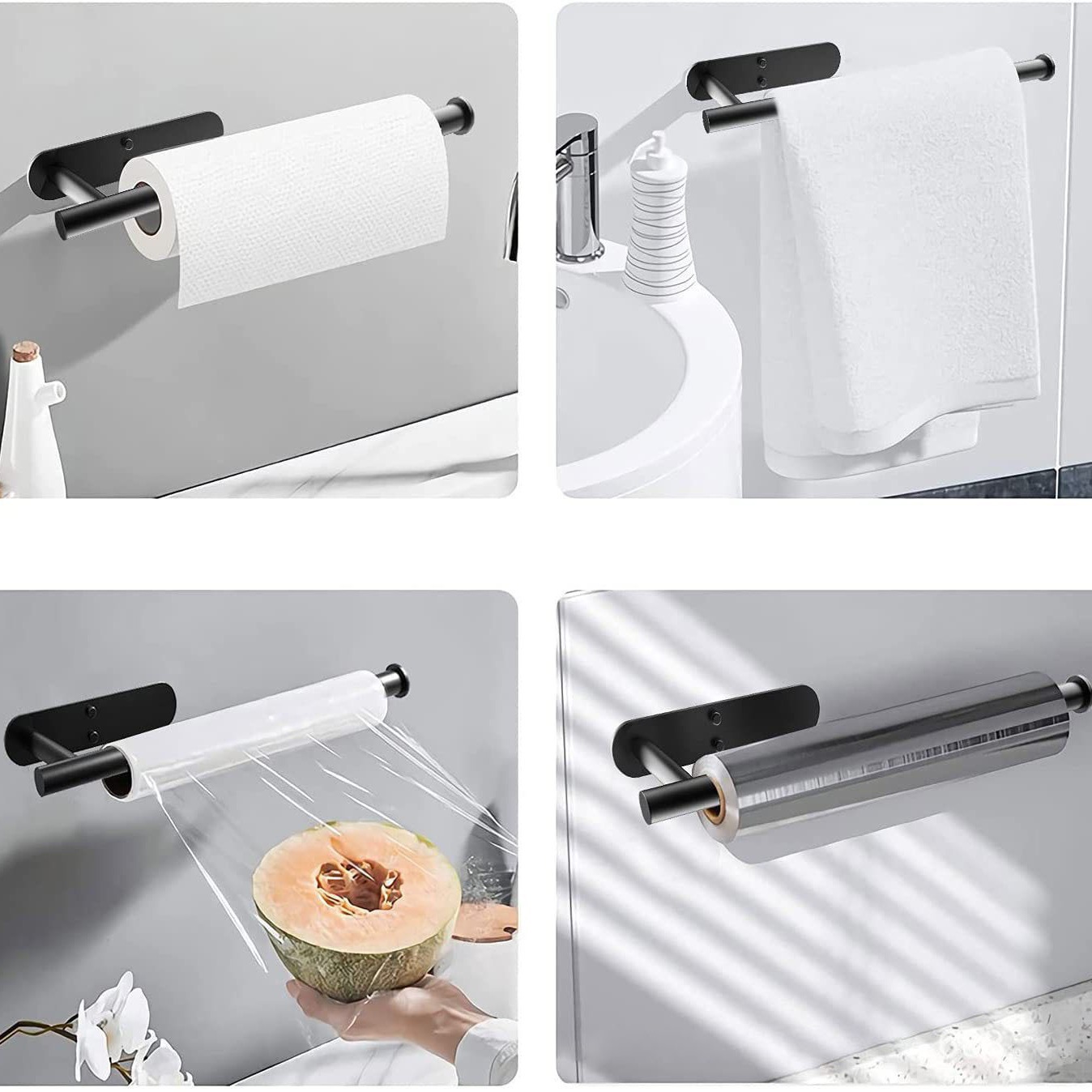 Transfronterizo 304 de acero inoxidable titular de papel de rollo de cocina titular de papel de plástico estante de almacenamiento titular de tejido de cocina sin perforar image 3
