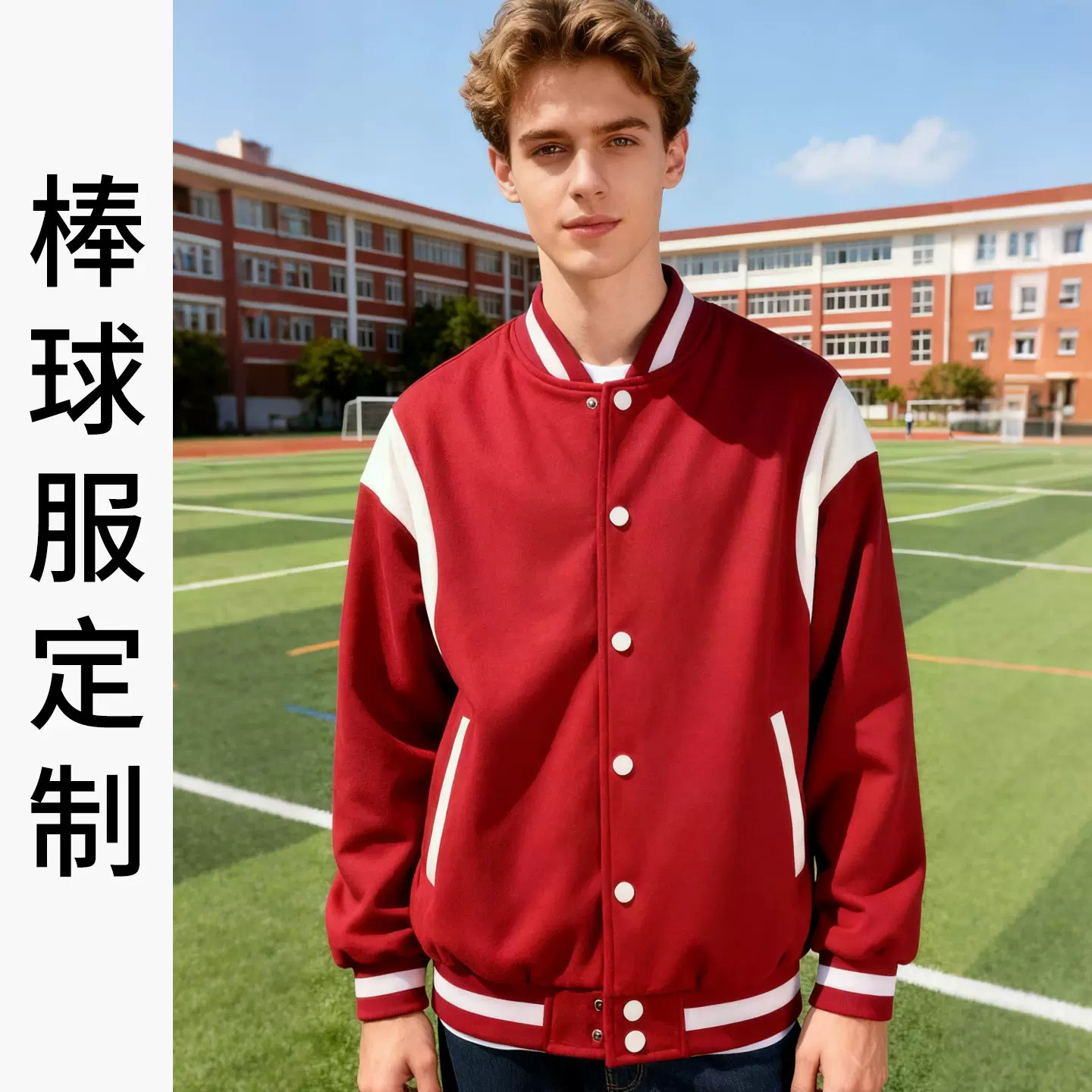 秋冬棒球外套开衫情侣款抓绒复古酒红色棒球服插件定制logo夹克