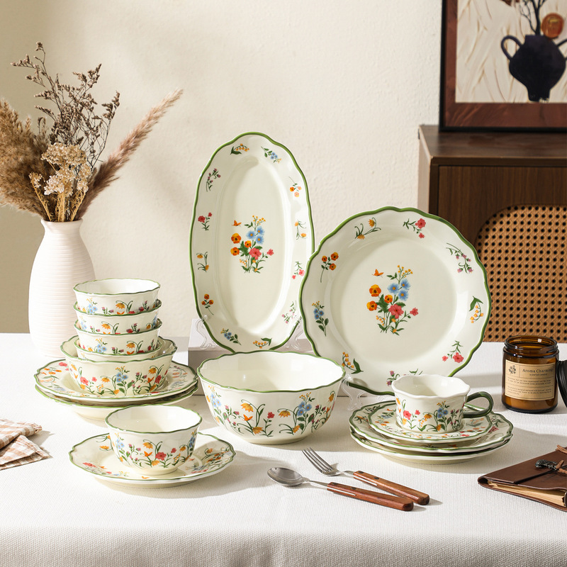Embossed Flower Glaze Household Tableware Rice Bowl Noodle Soup Bowl Dish Simple Style Tableware Dishes Plate Cup and Saucer