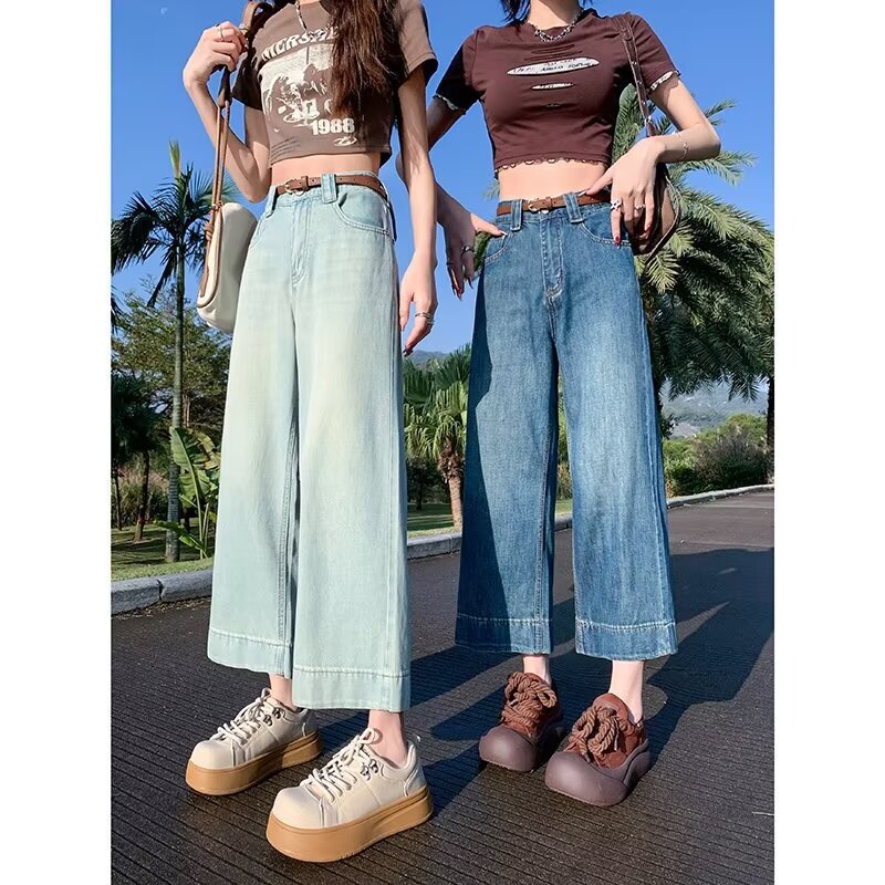 Light-Colored Wide-Leg Jeans for Women in Summer, Korean-Style Outfits for Small People, Slim Nine-Point Pants, High-Waisted Loose Straight Pants