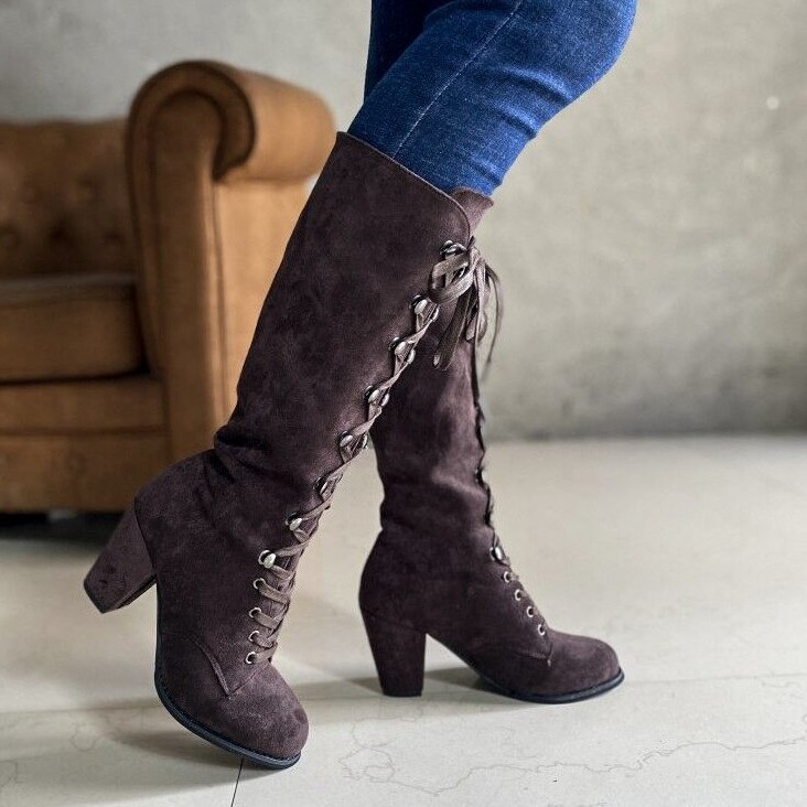 Women's Plus Size High Heeled Fashion Boots Chunky Heel Suede Cross Strap Long Boots European American Style Winter Slimming_vogvips.com