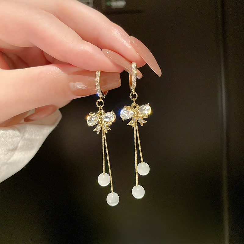 Long silver needle, earrings with tassels with bow, silver 925 sample, cat's eye, internet celebrity