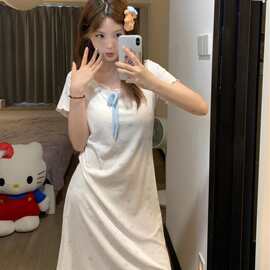 纯欲风睡衣夏季带胸垫睡裙女甜美风韩版宽松蕾丝花边舒适短袖裙子