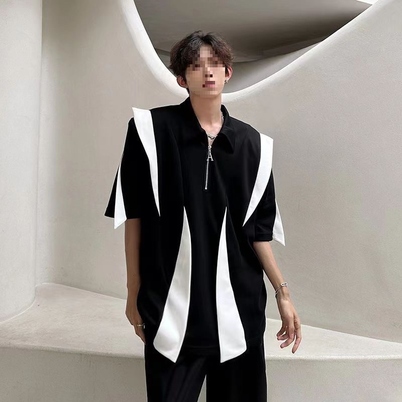 Camiseta de media cremallera de peso pesado retro americano almohadilla de hombro de costura polo camisa de manga corta para hombres con sentido del diseño de verano para hombres