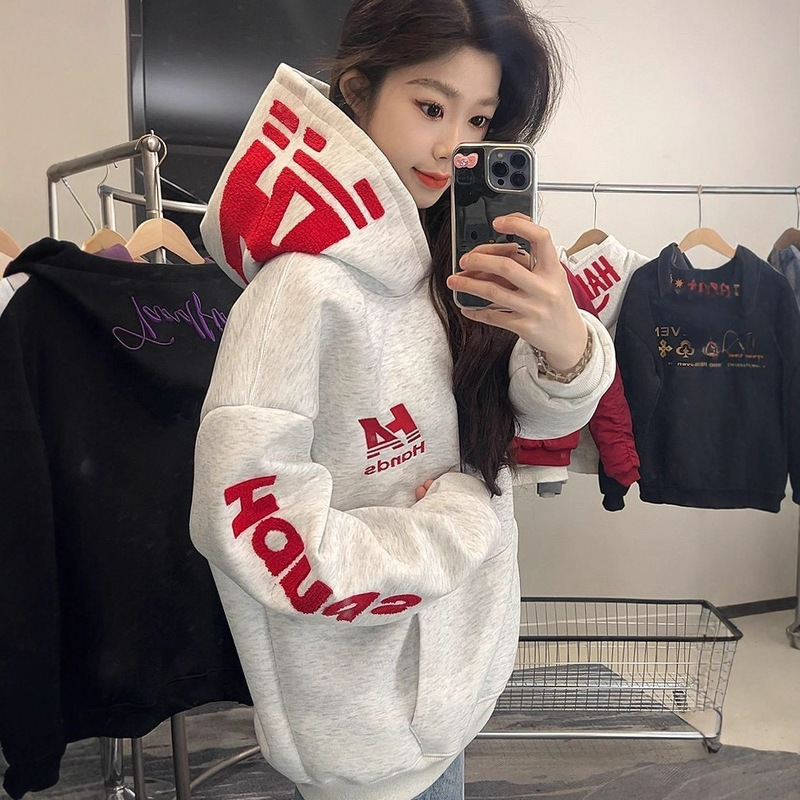 American Retro Letter Towel Embroidery Hooded Sweatshirt for Men, Autumn and Winter Fleece Thickened Loose Lazy Style Couple Jacket