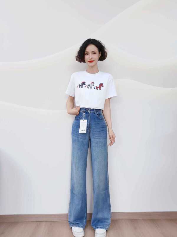 K508 Spring Fashion Casual High-Waisted Slim-Fit Textured Straight-Leg Jeans