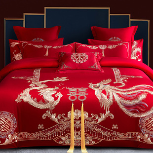 New Chinese-Style Wedding Brushed Quilt Four-Piece Set with Red Dragon and Phoenix Embroidery Wedding Bedding with Quilt Core and Ten-Piece Pillow Core Set