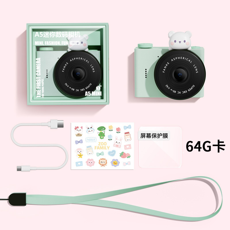 Cámara de estudiante de dibujos animados para niños A5 Cámara de bolsillo portátil de doble cámara delantera y trasera Mini cámara digital Regalo del día de los niños