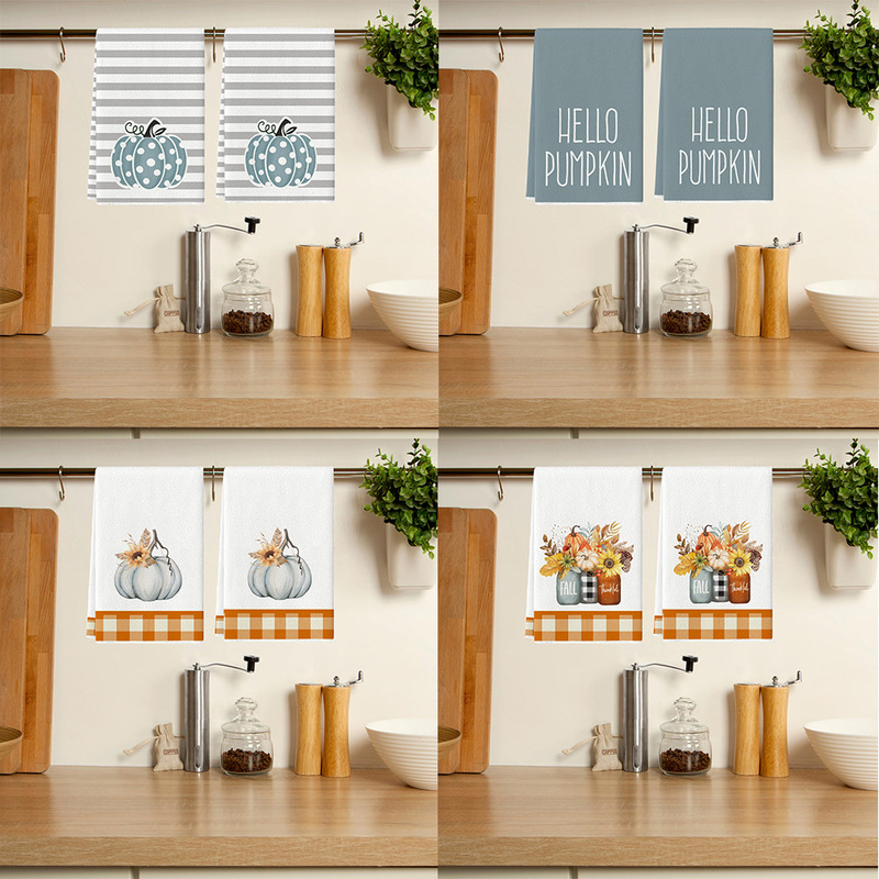 Watercolor Autumn Pumpkin Kitchen Towel Black and White Checkered Farmhouse Kitchen Towel Restaurant Decor Hand Towel