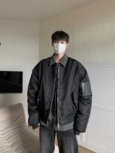 冬季款高级感牛仔拼接假两件飞行员夹克外套ins宽松街头风棉服男