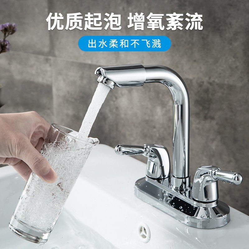 Todo el cobre doble orificio doble abierto lavabo grifo frío y caliente tres orificios lavabo lava