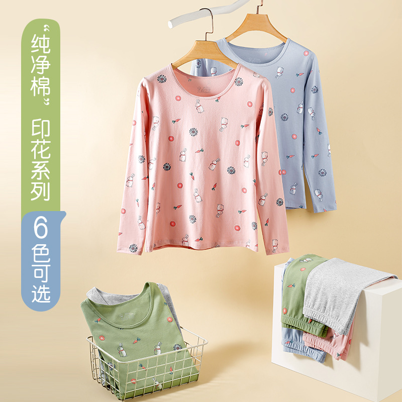 Venta al por mayor de algodón ropa de otoño pantalones largos chica femenina impresa suéter de algodón estudiante ropa interior térmica de las mujeres traje de manga larga Pantalones