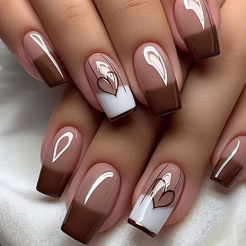 Medium-Length Square Fake Nails Brown Plaid Contrasting Heart Line Retro Sweet and Cool Ins European and American Style Cross-Border Hot Sale Medium-Length Square Fake Nails Brown Plaid Contrasting Heart Line Retro Sweet and Cool Ins European and American Style Cross-Border Hot Sale
