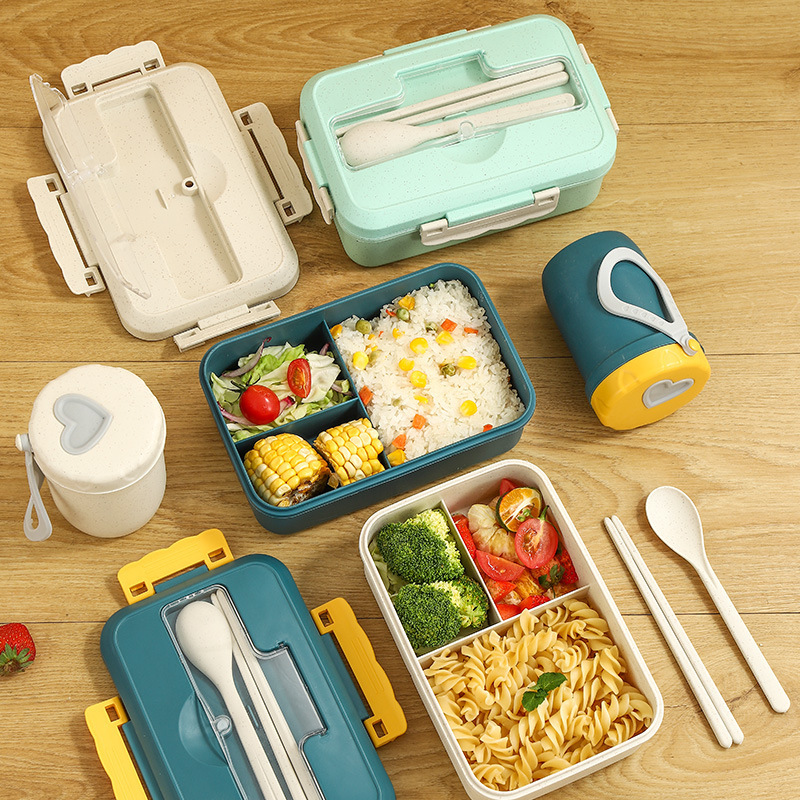 Wheat straw lunch box microwave Japanese tableware compartment insulation student lunch box plastic square snack box