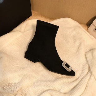 Shine artifact! Square Toe Slim Stretch Boots Short Barrel Middle Heel Rhinestone Black Skinny Boots