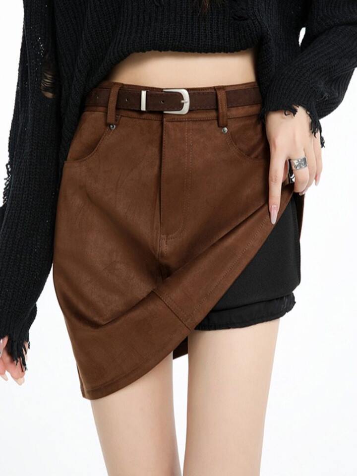 Chân váy ngắn chữ A cạp cao ôm mông chất liệu nhung da lộn, kiểu mới mùa thu đông, chống lộ, phong cách retro — Màu cà phê, màu đen