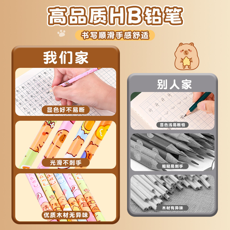 卡通铅笔卡皮巴拉铅笔小学生HB铅笔带橡皮擦文具礼盒学生必备文具|undefined