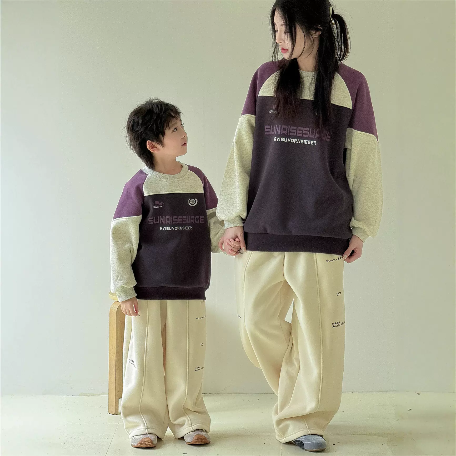 2025韩国亲子装拼色韩版印花亲子一家四口圆领卫衣百搭卫衣加绒