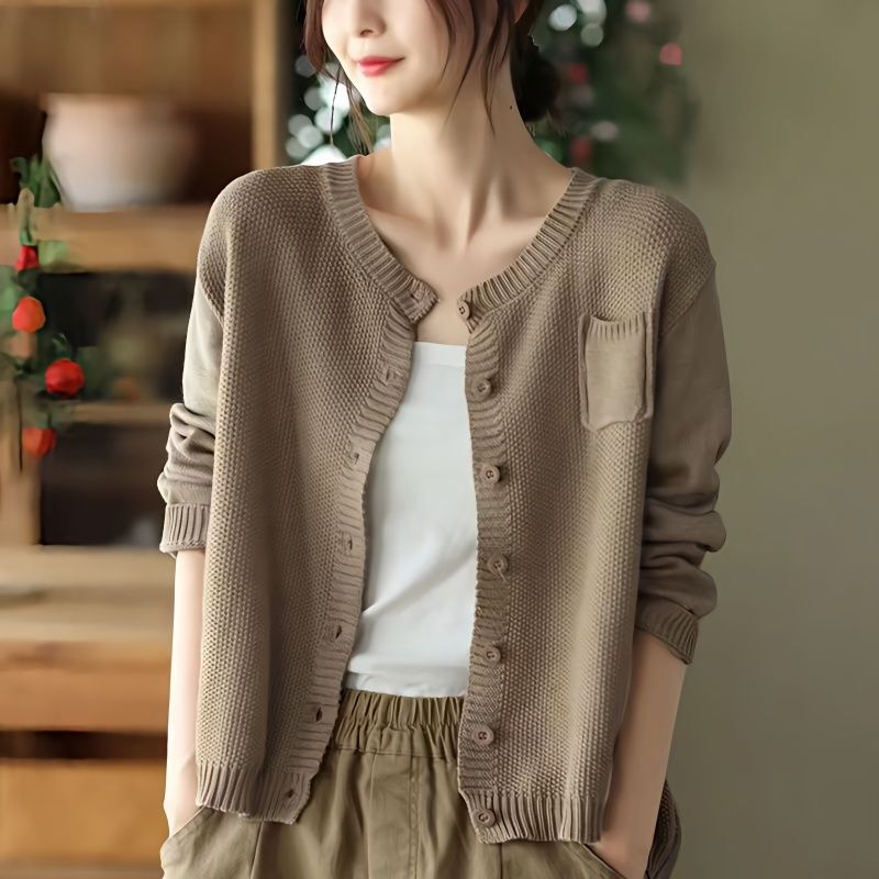 2023 Spring New Artistic Retro Cotton Knitted Cardigan Women's Round Neck Long Sleeve Jacket Fashion Casual Outer Wear 2023 Spring New Artistic Retro Cotton Knitted Cardigan Women's Round Neck Long Sleeve Jacket Fashion Casual Outer Wear