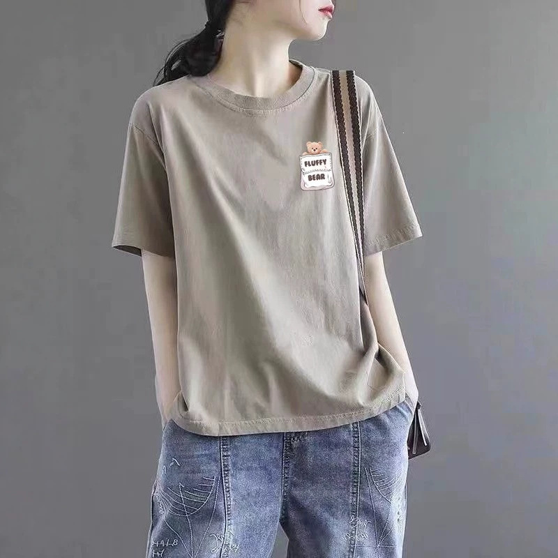 Brand boutique women's clothing: Pure cotton round-neck versatile printed T-shirt, fashionable short-sleeve loose top for women, summer Brand boutique women's clothing: Pure cotton round-neck versatile printed T-shirt, fashionable short-sleeve loose top for women, summer