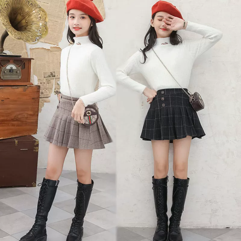 Детская юбка среднего и большого размера, весна-осень 2020, новый стиль, плиссированная юбка для девочек, шерстяная универсальная юбка принцессы, корейский стиль, консервативный стиль